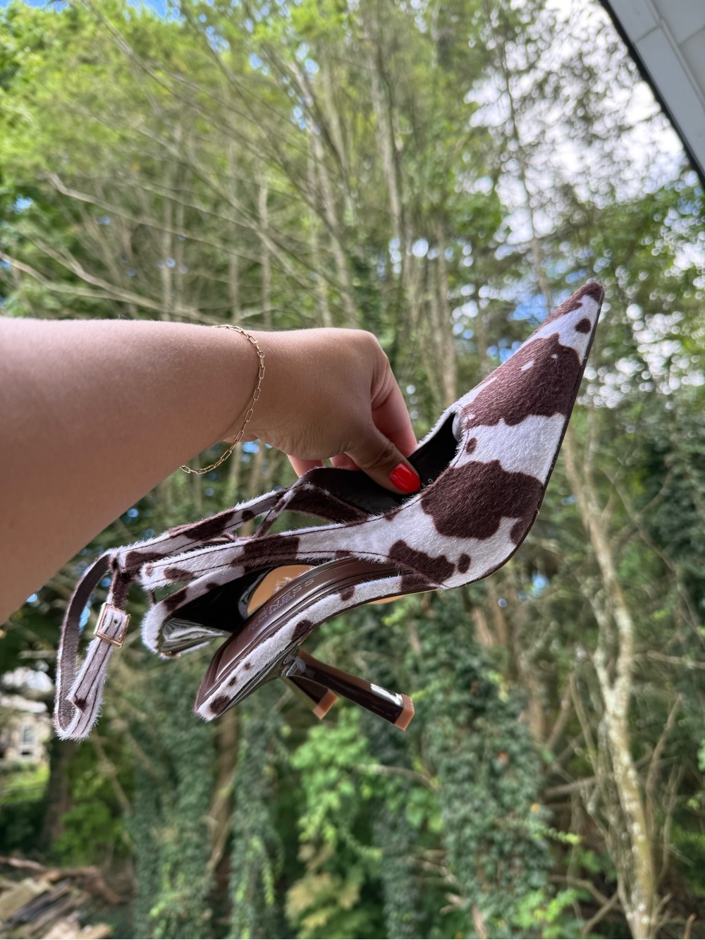 Cow-Print Slingback Heels in Brown & White